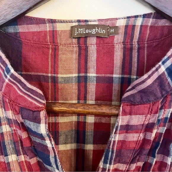 J. McLaughlin Rivera Plaid Linen Dress Size Medium Red/Blue Button Front - Picture 5 of 11